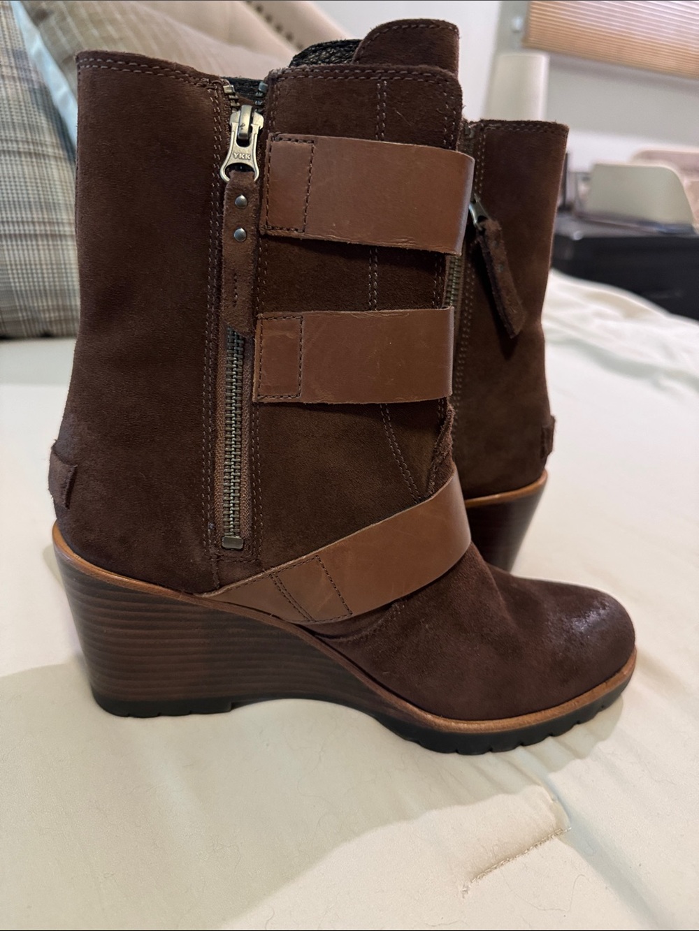 Sorel Brown Suede Wedge Ankle Boots with Leather Straps